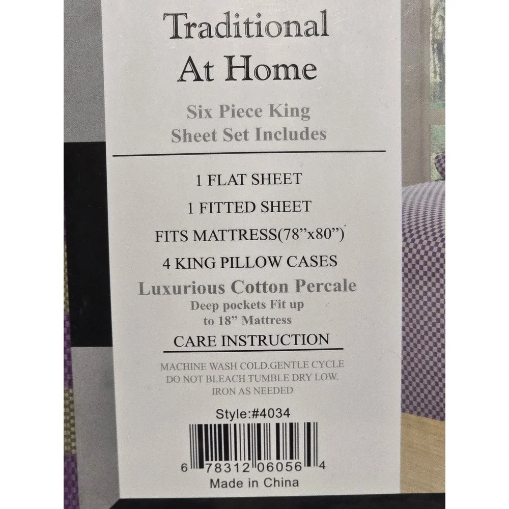 New Traditional At Home King 6 Piece Sheet Set  Purple‎ Gold Checkered